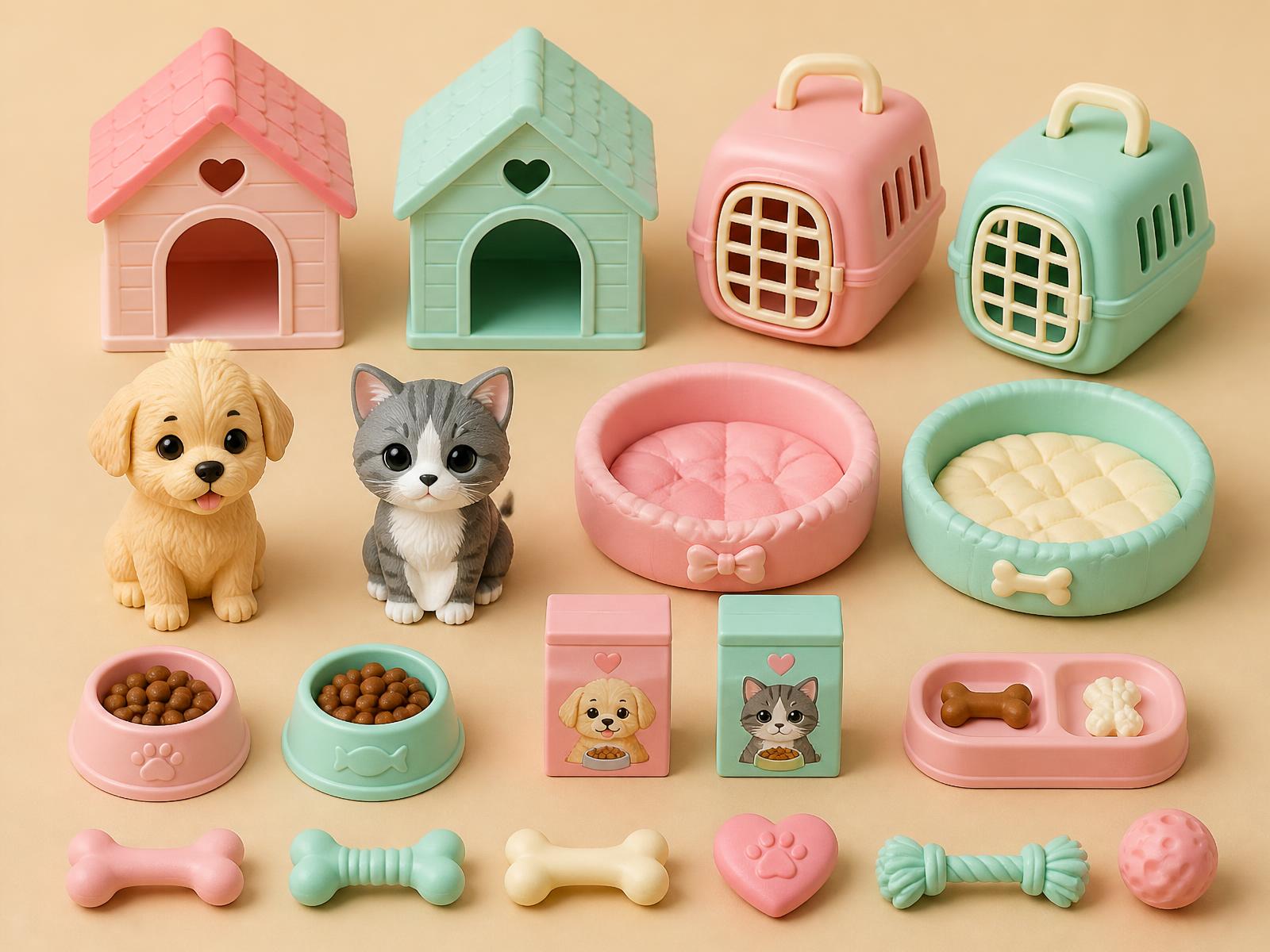 Juguetes de mascotas en miniatura: perrito, gatito, casitas, camas y accesorios