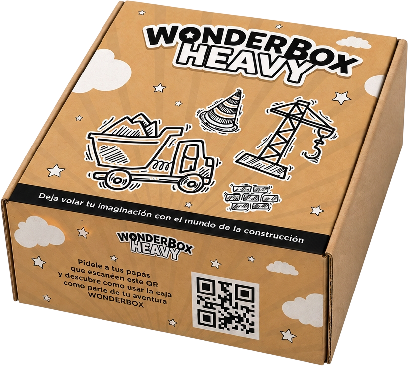 Caja WONDERBOX Heavy cerrada, con ilustraciones de construcción, estrellas y nubes