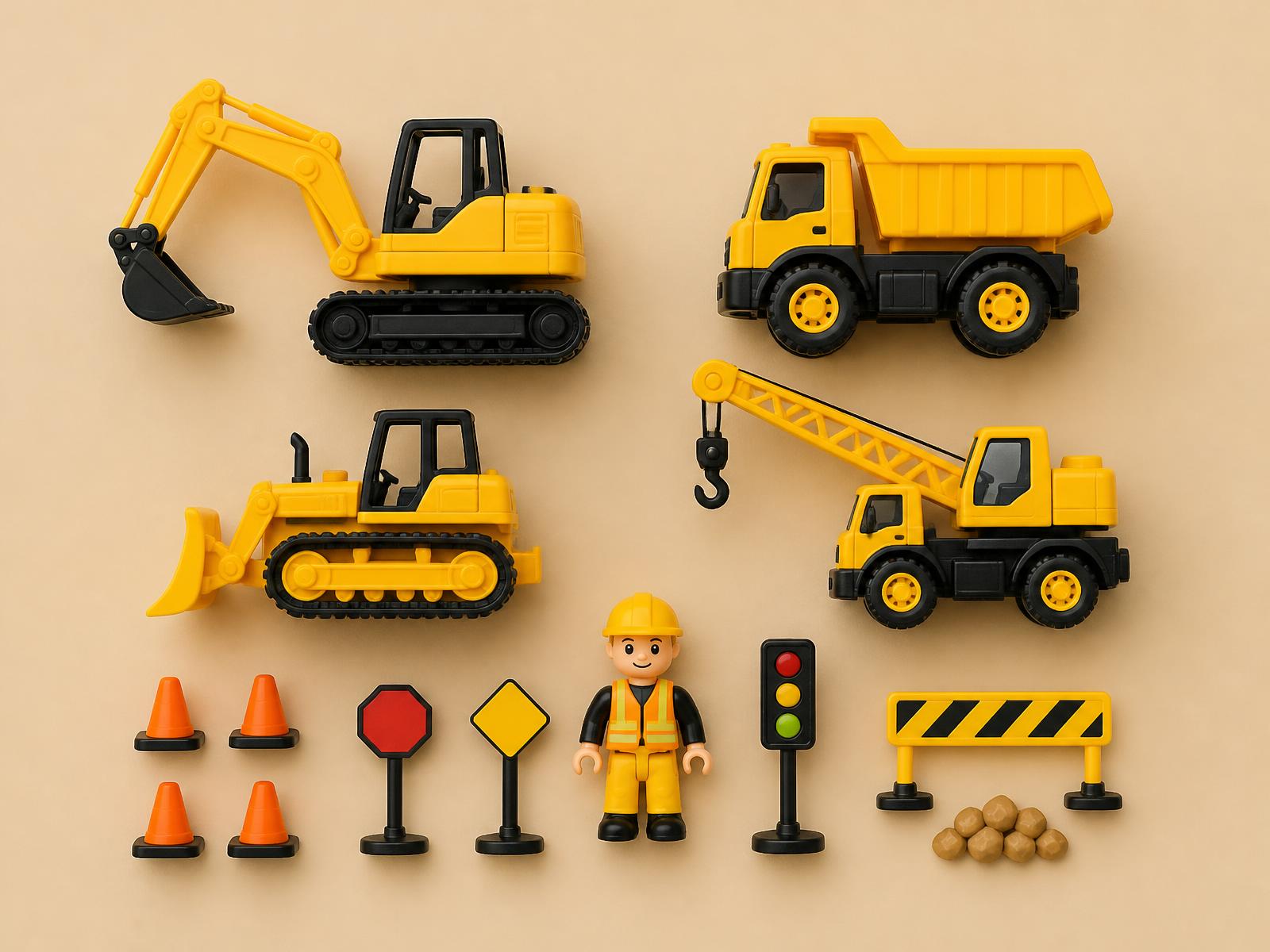Juguetes de construcción en miniatura: excavadora, volquete, grúa, conos y señales